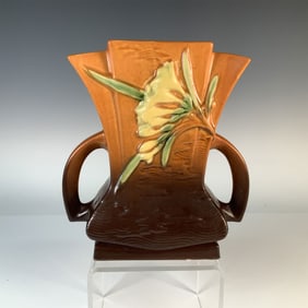 Roseville Pottery Vase, Double-Handled Freesia Design