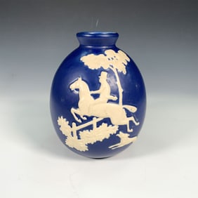 Weller Pottery Blue Vase W/ Equestrian Scene