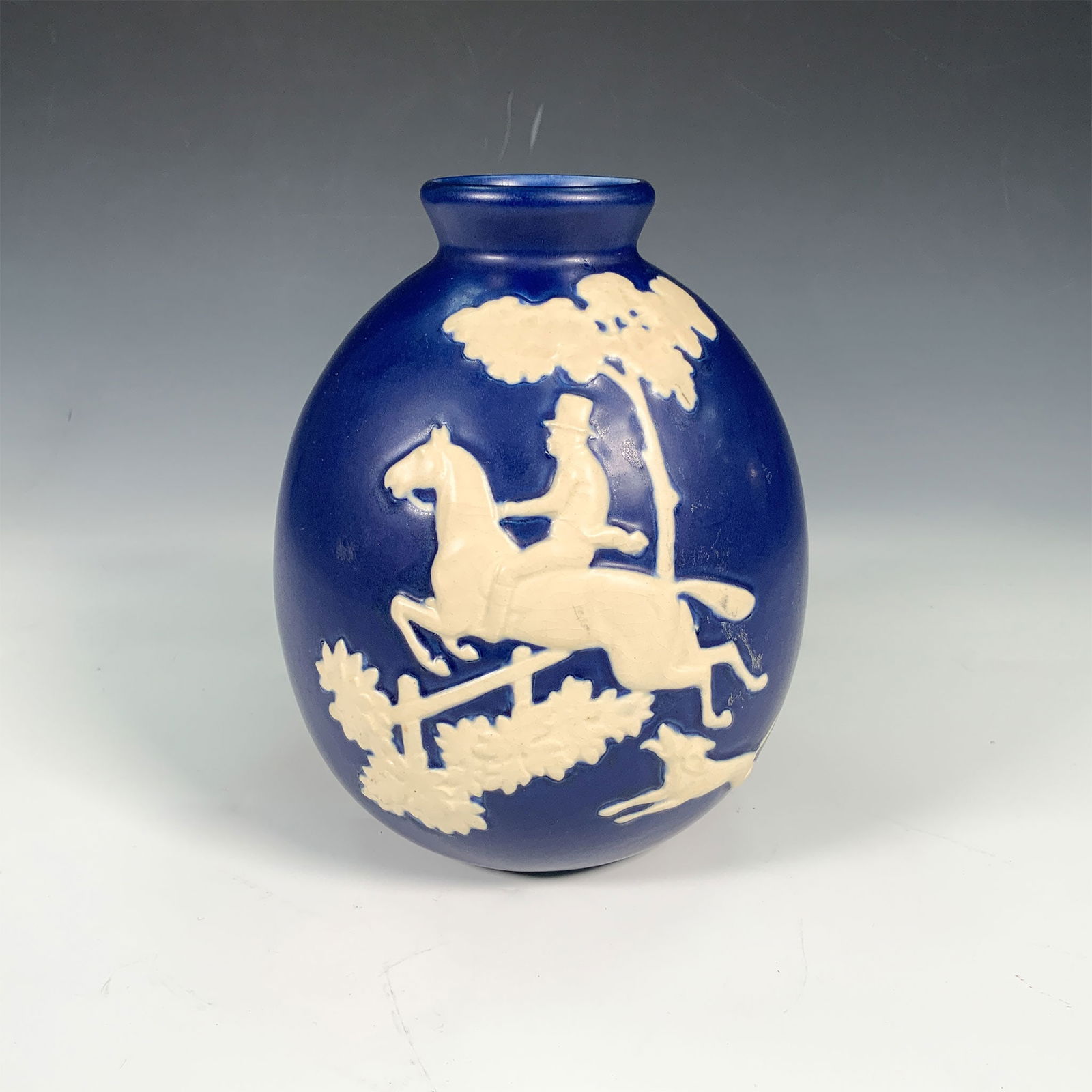 Weller Pottery Blue Vase W/ Equestrian Scene (1 of 3)