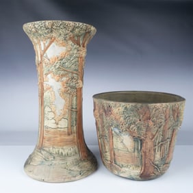 Weller Pottery Woodcraft Forest Jardini?re and Pedestal