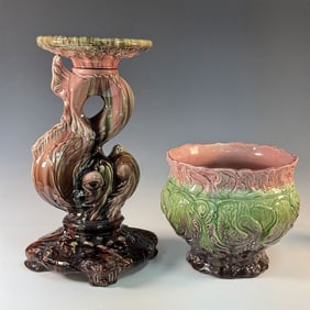 Weller Pottery Floral Jardiniere and Majolica Pedestal Stand