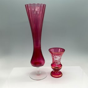 2pc Cranberry Glass Tall Decor Vase + Hand Painted Bud Vase