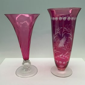 2pc Art Glass Cranberry Red Vases