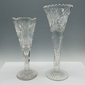 2pc Art Glass Trumpet Vases with Geometric Patterns