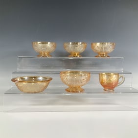 6pc Orange Glass Dessert Bowls, Teacup, and Serving Bowl