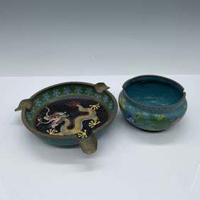 2pc Chinese Cloisonne Ashtray and Bowl, Dragon Motif