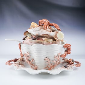 3pc Fitz & Floyd Fish and Shell Tureen Set w/Ladle & Tray