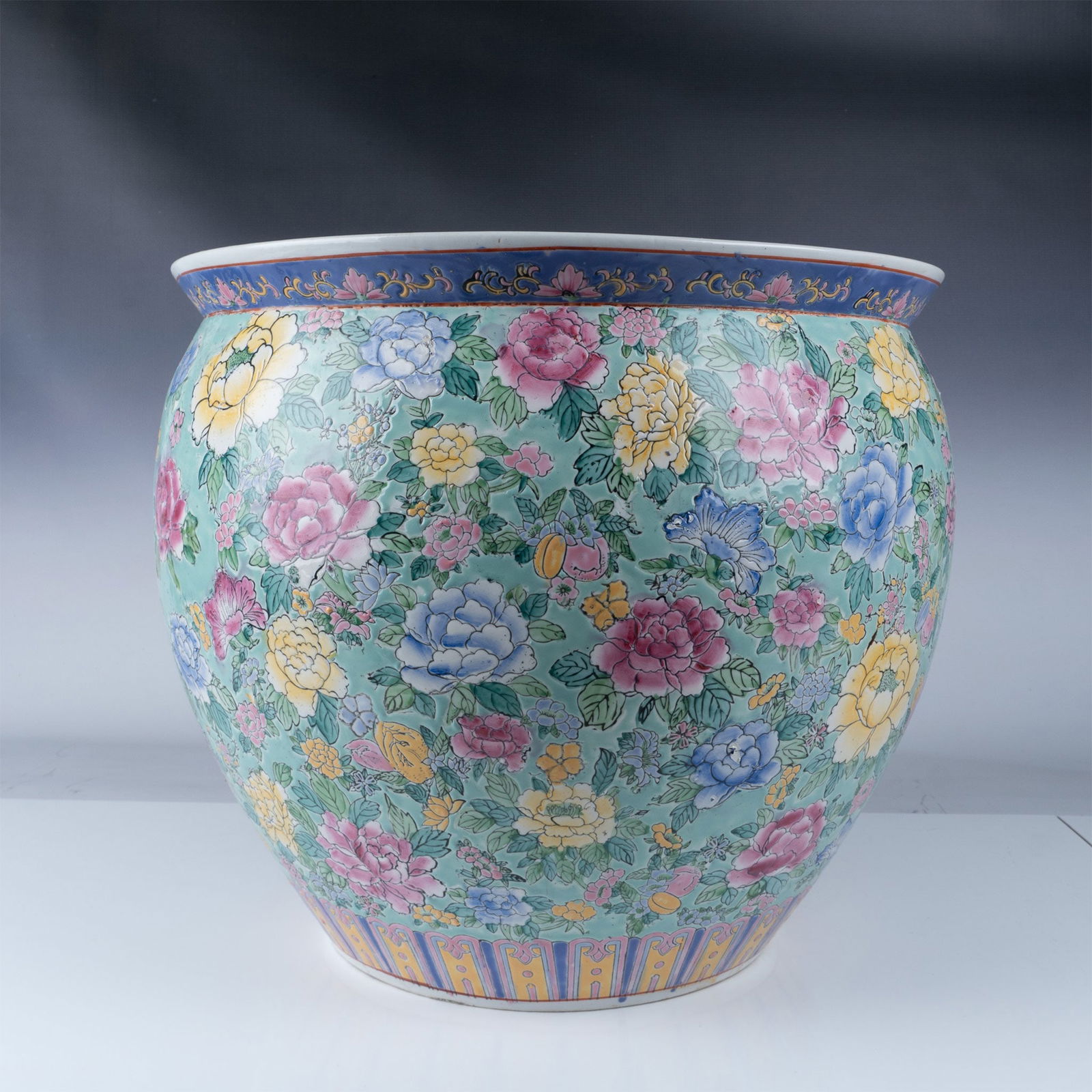 Hand-Painted Chinese Fishbowl Planter with Floral Motif (1 of 9)