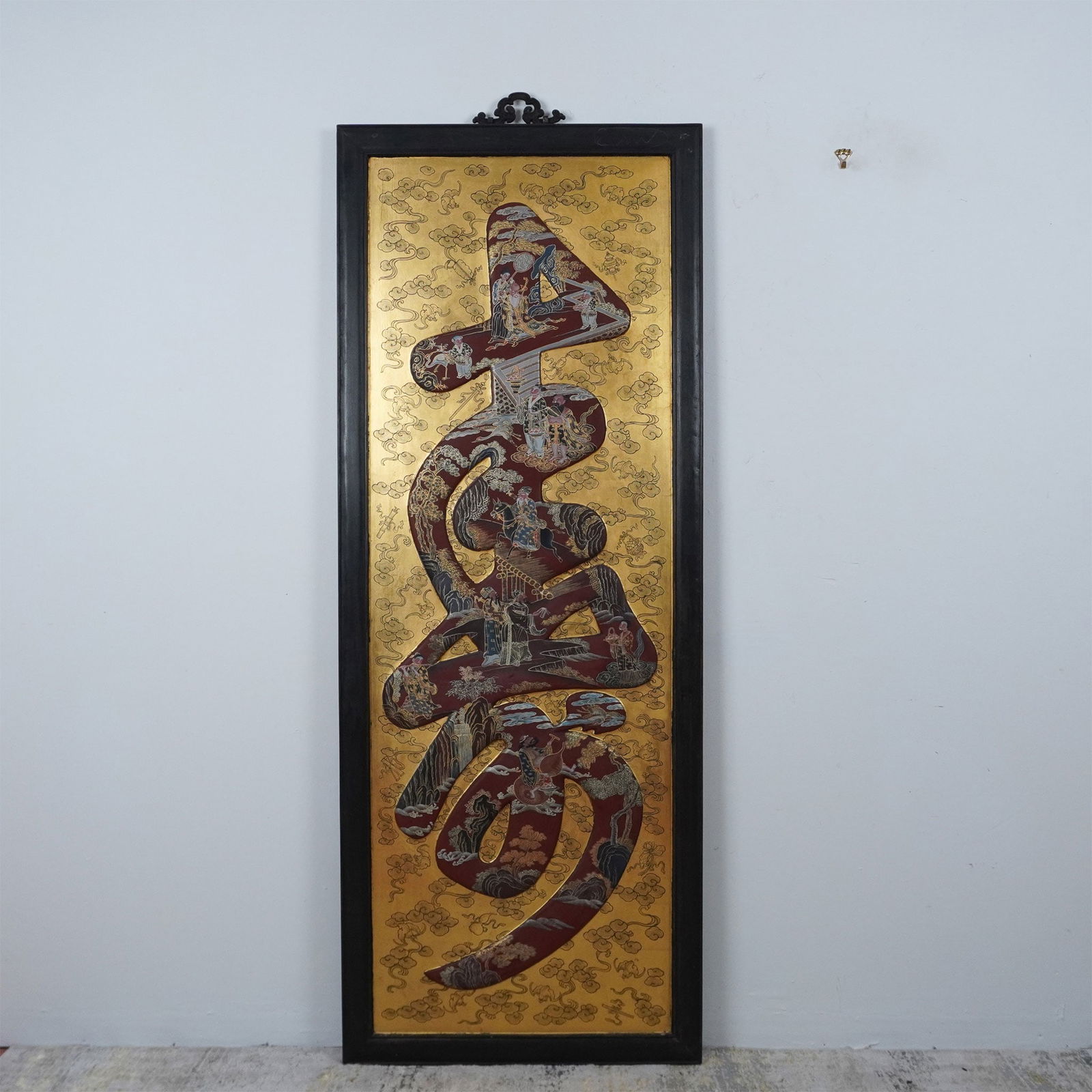 Large Antique Chinese Painted Panel Gilded Carved Background (1 of 6)