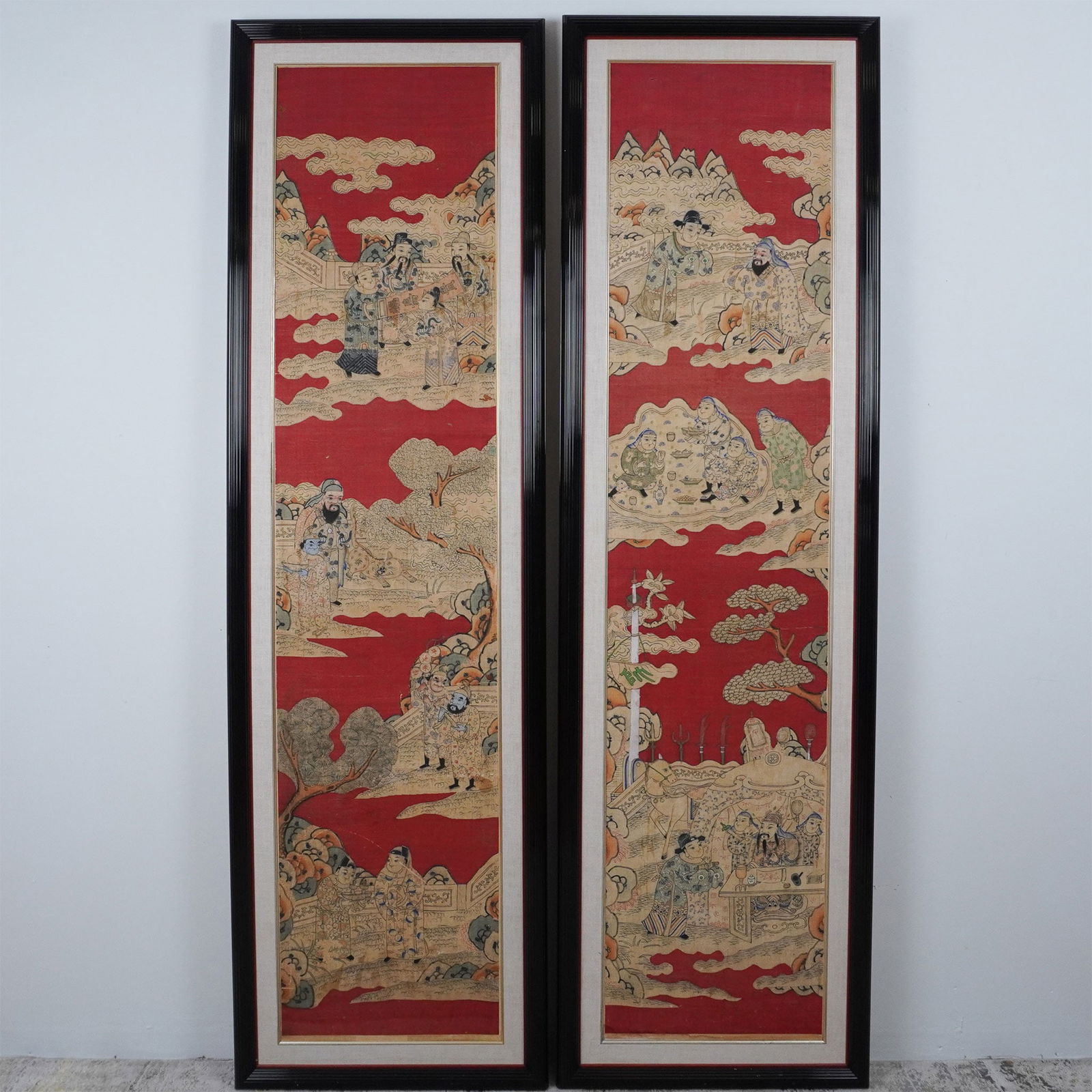 Pair of Antique Chinese Kesi Painted Panels on Red Grounds (1 of 6)