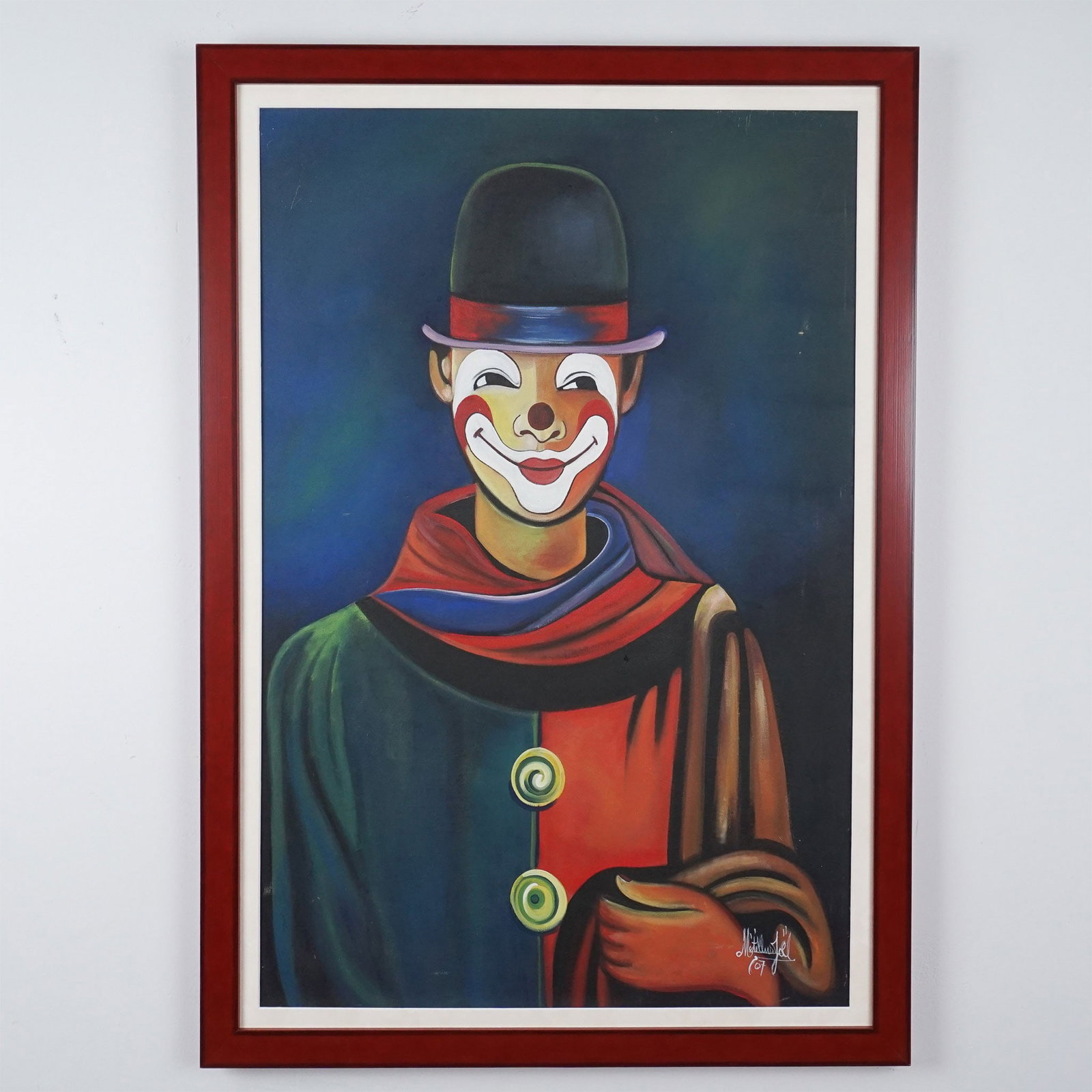Metellus Joel, Haitian School Oil on Canvas, Signed: This captivating oil on canvas artwork by Metellus Joel, signed and dated 2007, features a vivid and evocative depiction of a clown in a bowler hat and vibrant attire. The artist skillfully employs ri
