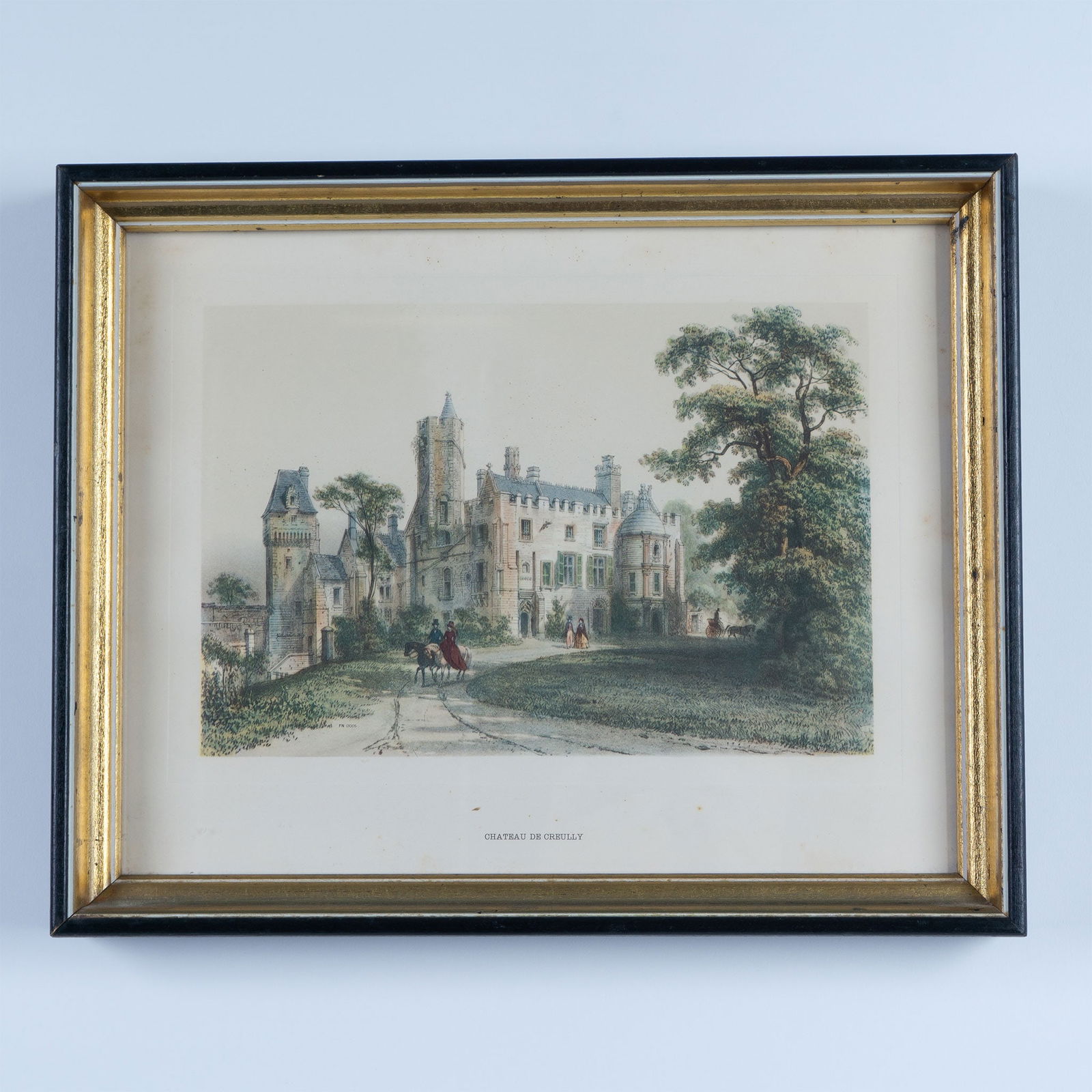 Felix Benoist, Original French Antique Lithograph on Paper: Antique original color lithograph on paper featuring the Chateau de Creully, Calvados by French artist Felix Benoist. Published in La Normandie Illustree, Monuments, Sites et Costumes, 1852. Housed in
