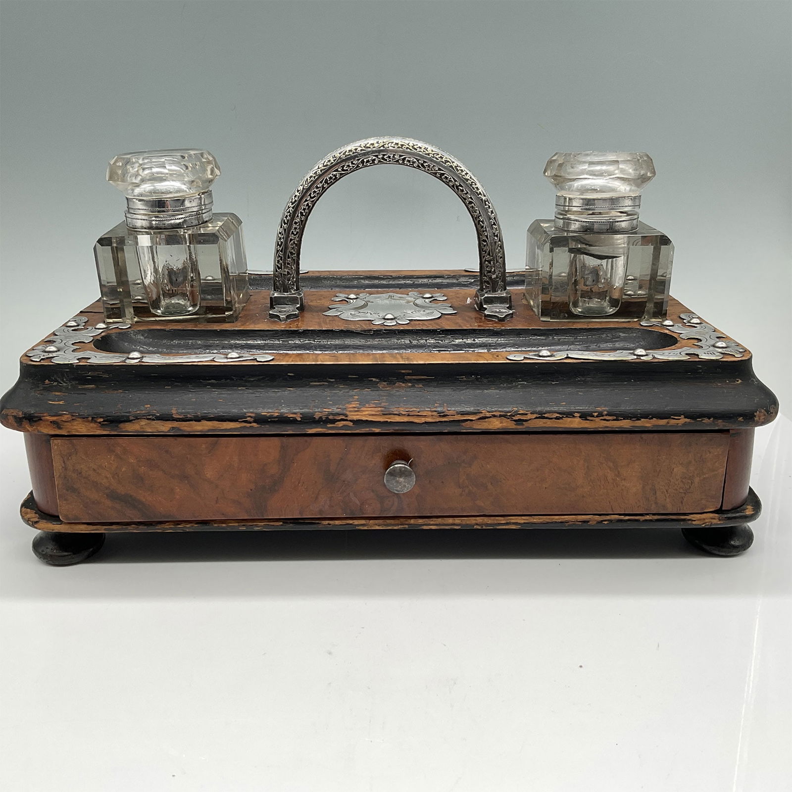 Antique Wood and Silver Plate Inkstand w/Cut Glass Inkwells (1 of 4)