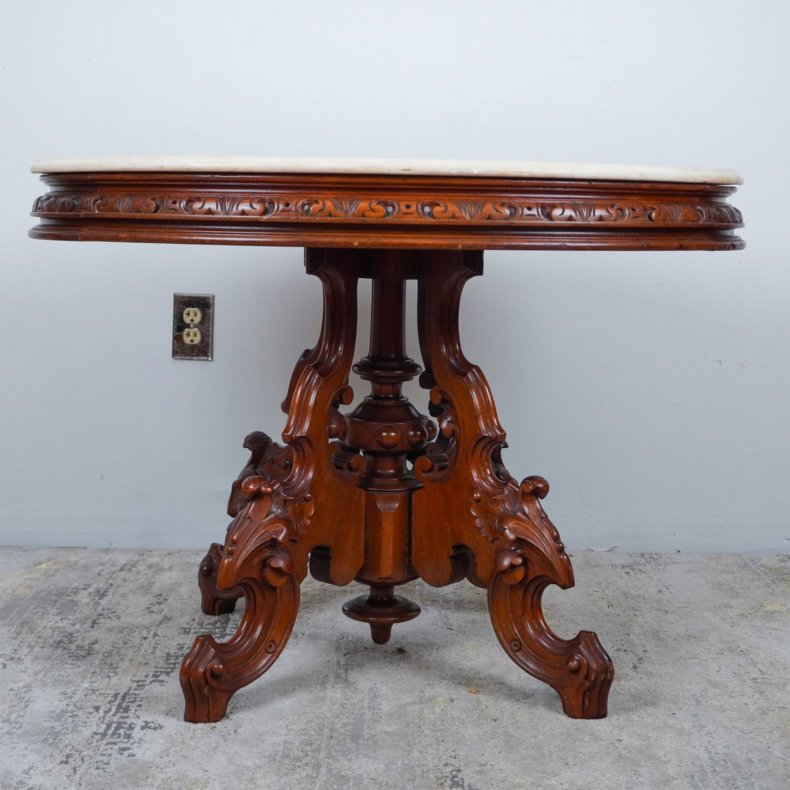 Victorian Marble-Top Carved Walnut Center Table (1 of 5)