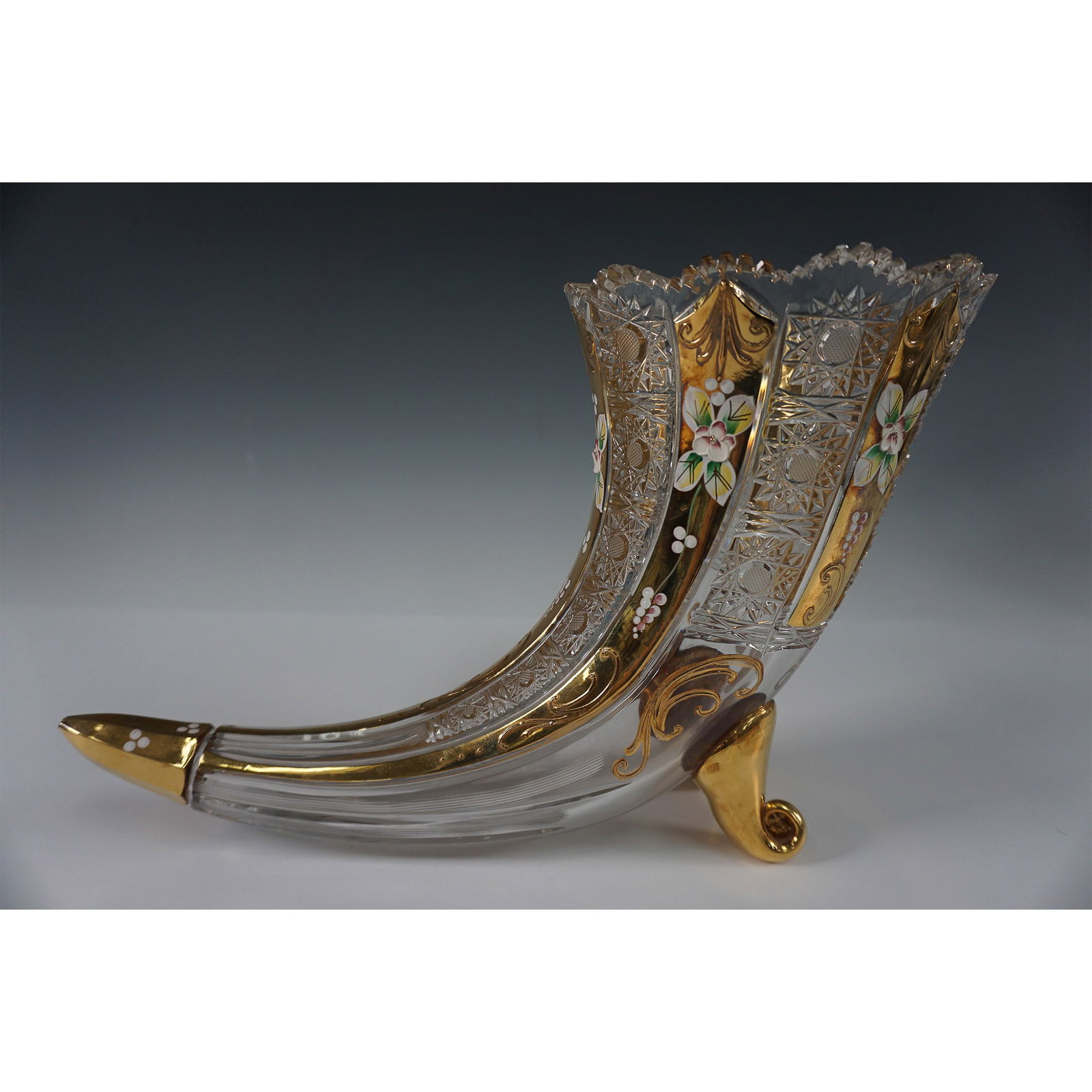 Glass Cornucopia Gilt and Floral Vase