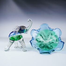 2pc Art Glass, Elephant Figurine and Bowl