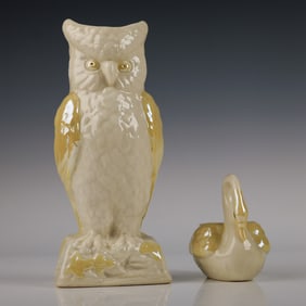 2pc Belleek Owl and Swan Figurines