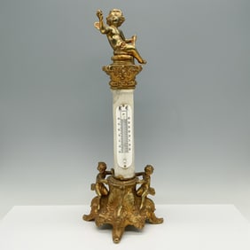 Neoclassical Bronze & Alabaster Cherub Thermometer