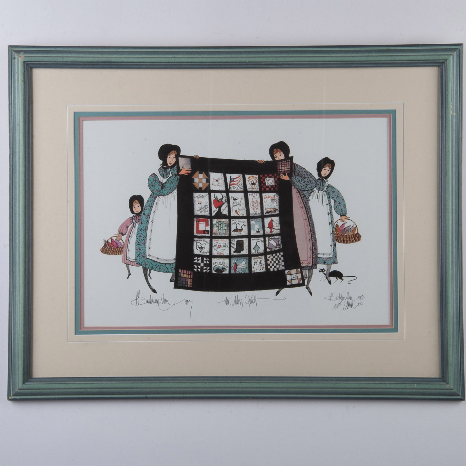 Patricia Buckley Moss, Color Print on Paper, Signed: Signed limited edition print on paper by American Artist Patricia Buckley Moss. Amish scene of girls holding a quilt. Titled The Moss Quilt. Artist signature and date on lower left. Initials, date and