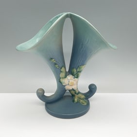 Roseville Pottery White Rose Cornucopia Vase, Blue