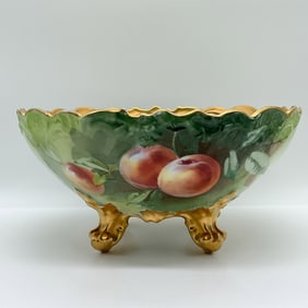 T&V Limoges Pickard Hand-Painted Footed Bowl with Peaches Motif