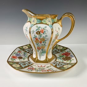 2pc Pickard Water Pitcher with Tray, Antique Chinese Enamel