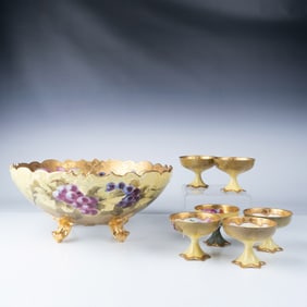 7pc T&V Limoges Pickard Hand-Painted Footed Bowl with Cups
