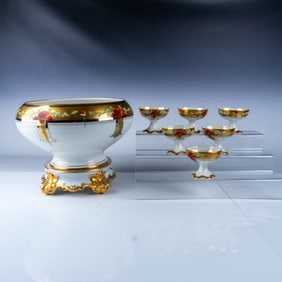 8pc T&V Limoges Porcelain Punch Bowl with Matching Cups