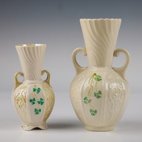 2pc Belleek Porcelain Handled Vases