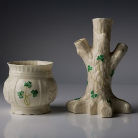 2pc Vintage Belleek Vases, Shamrock Design