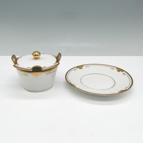 2pc T&V Limoges Pickard Covered Sugar Bowl & Underplate, Greek Key