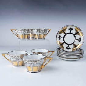 12pc Pickard Aura Argenta Linear Cups and Saucers Set