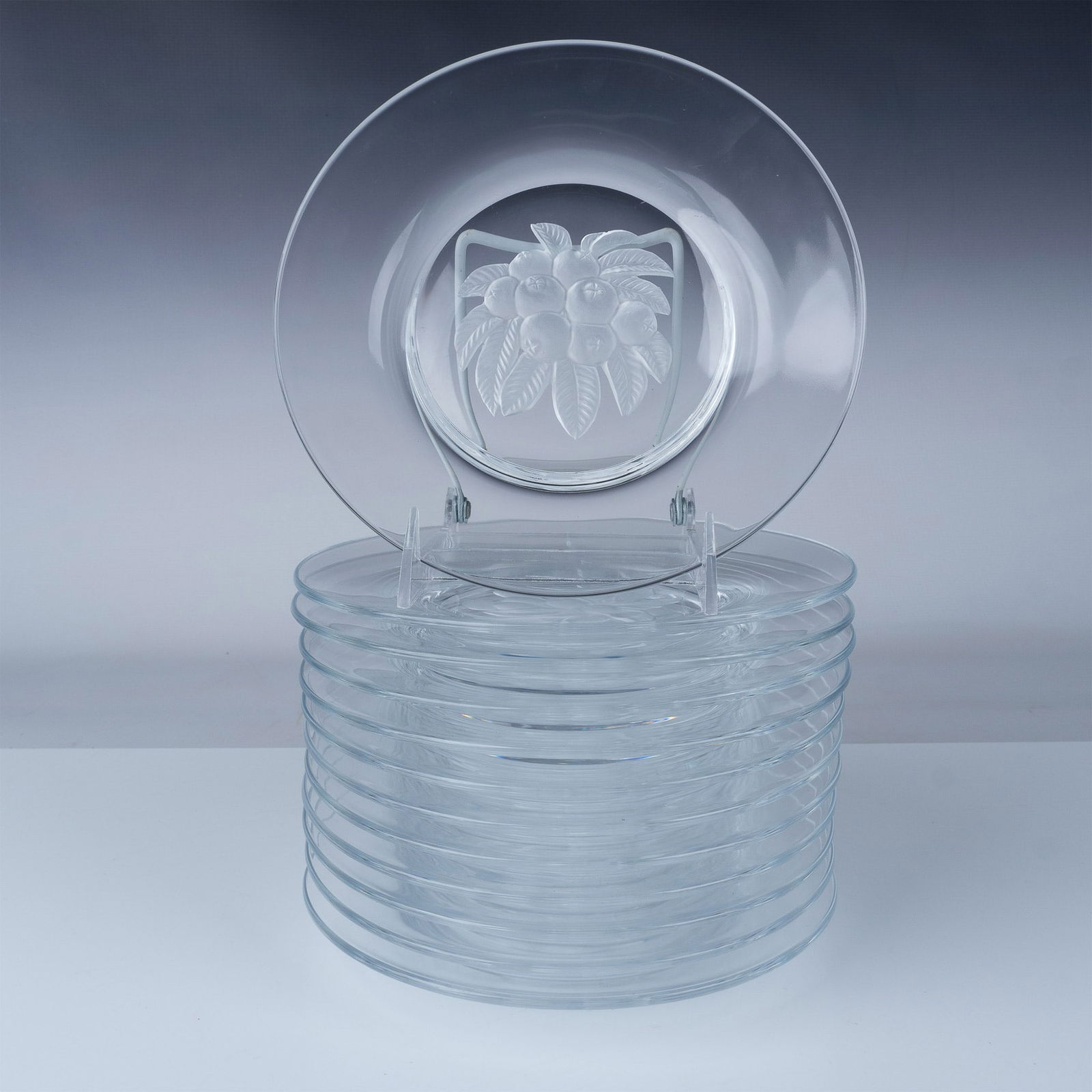 12pc Clear Glass Dessert Plates with Frosted Floral Design (1 of 9)