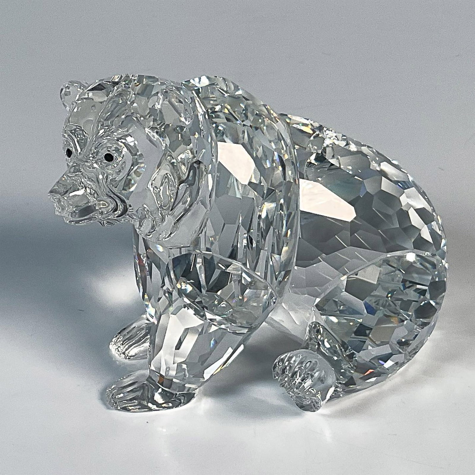 Swarovski Crystal Figurine, Grizzly 243880: This clear crystal grizzly bear is part of the Rare Encounters grouping. The bear is sitting back on his haunches and his back feet are raised. Swarovski etched backstamp. This item has its original b