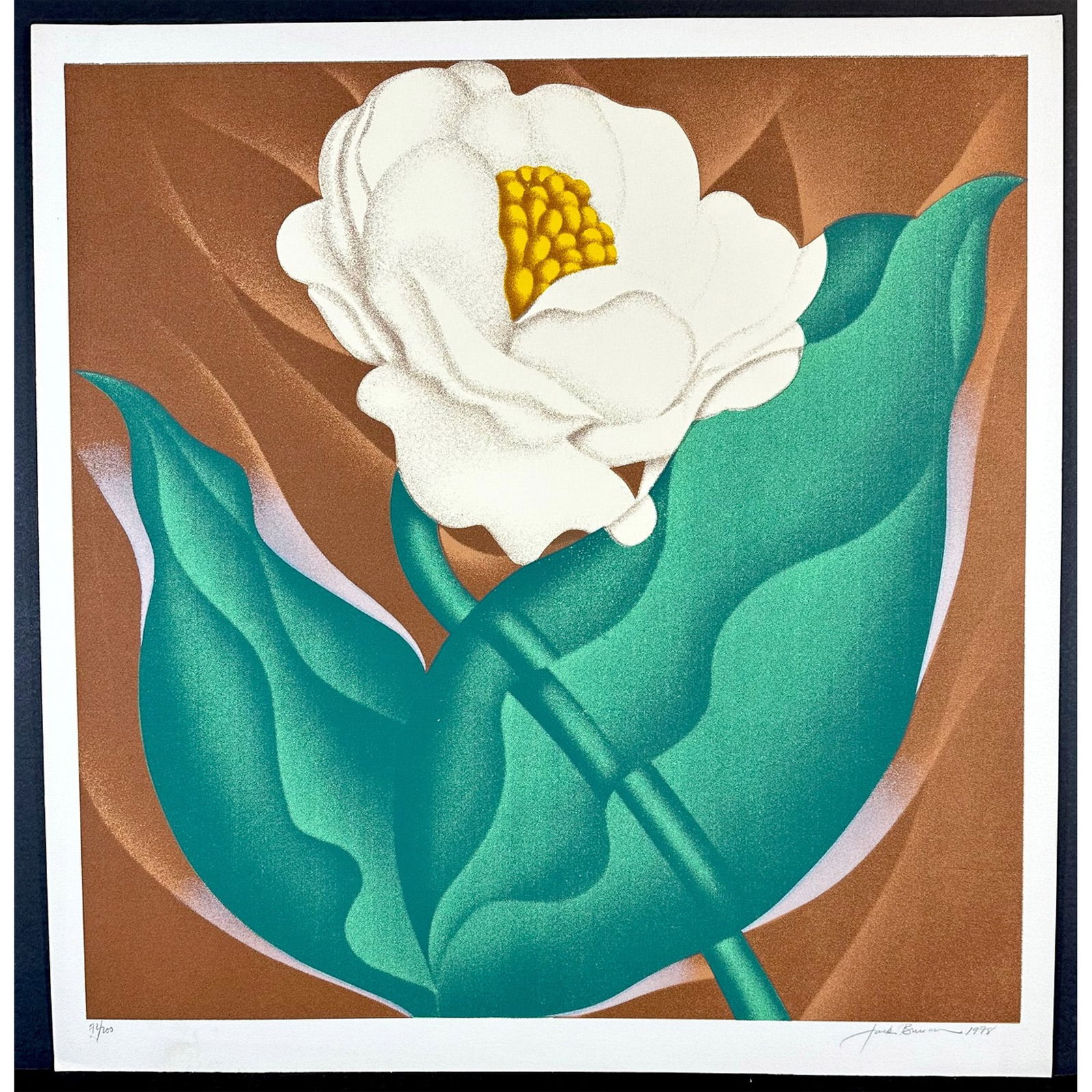 Jack Brusca (1939-1993) Signed Silkscreen, Globe Flower: Silkscreen titled Globe Flower. Signed lower right numbered 72/200. Year 1978 Sight size 25.5" x 26"