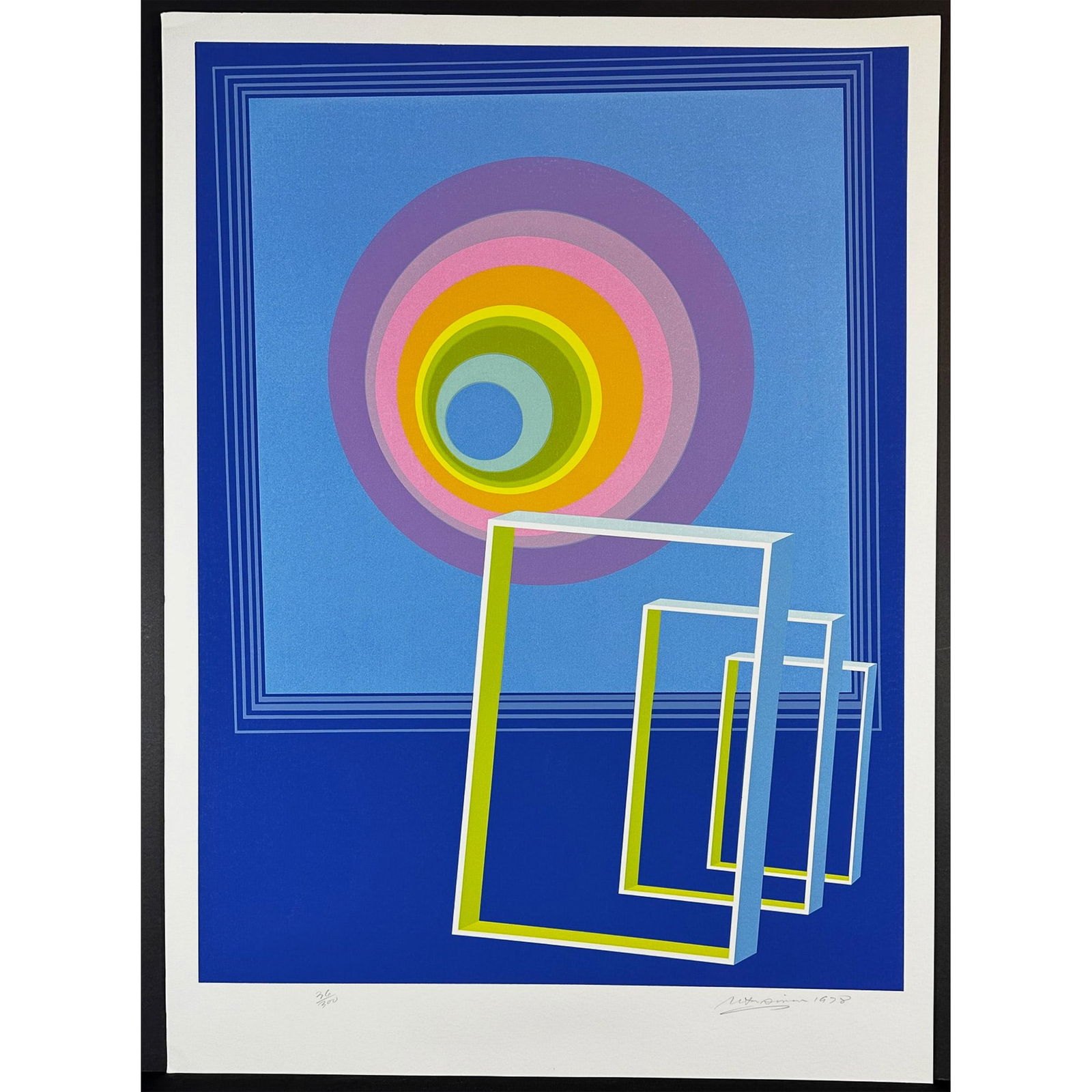 Rita Simon (American 1938) Screenprint Spacescape signed: Screenprint titled Spacescape Year 1978 Signed lower right numbered 36/300 Sight size 26" x 33.5"