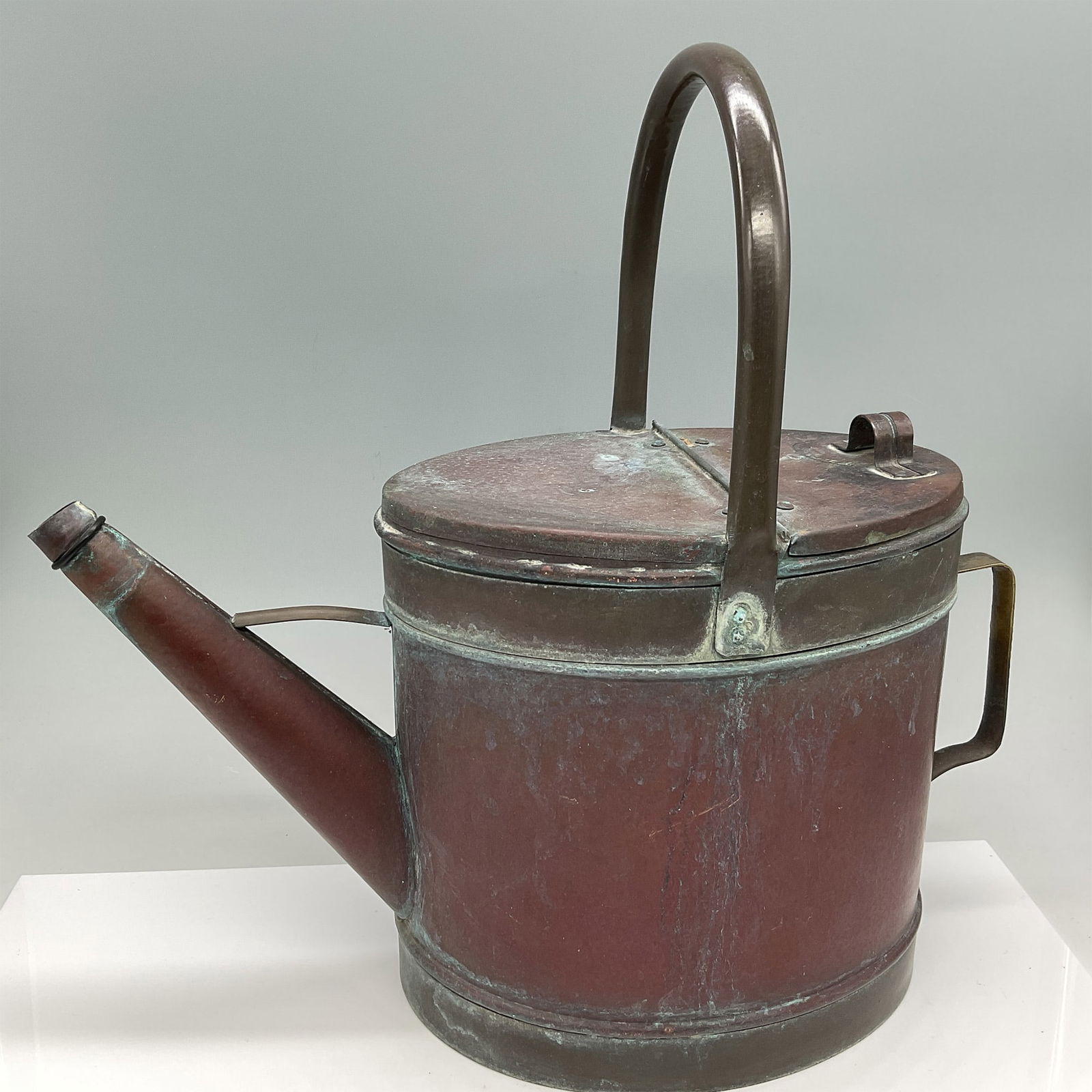 Antique Copper and Brass Watering Can with Patina: An antique copper and brass watering can featuring a beautifully aged patina. The piece is constructed with a sturdy top handle, side grip, and an elongated spout, showcasing vintage craftsmanship. Th