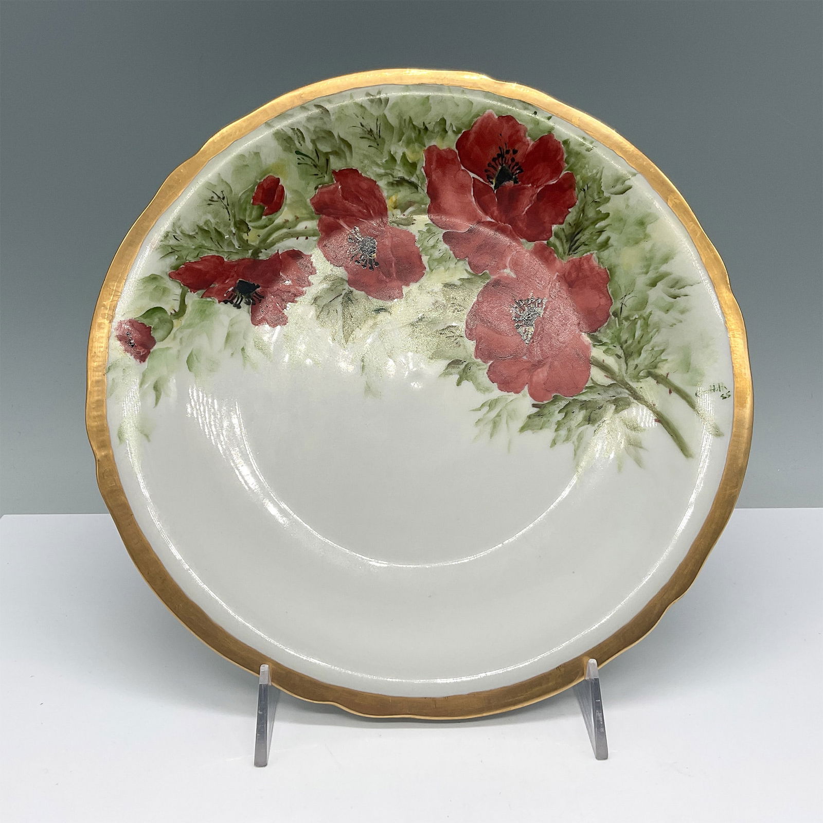German Porcelain Hand-Painted Plate with Red Poppies & Gilt (1 of 2)