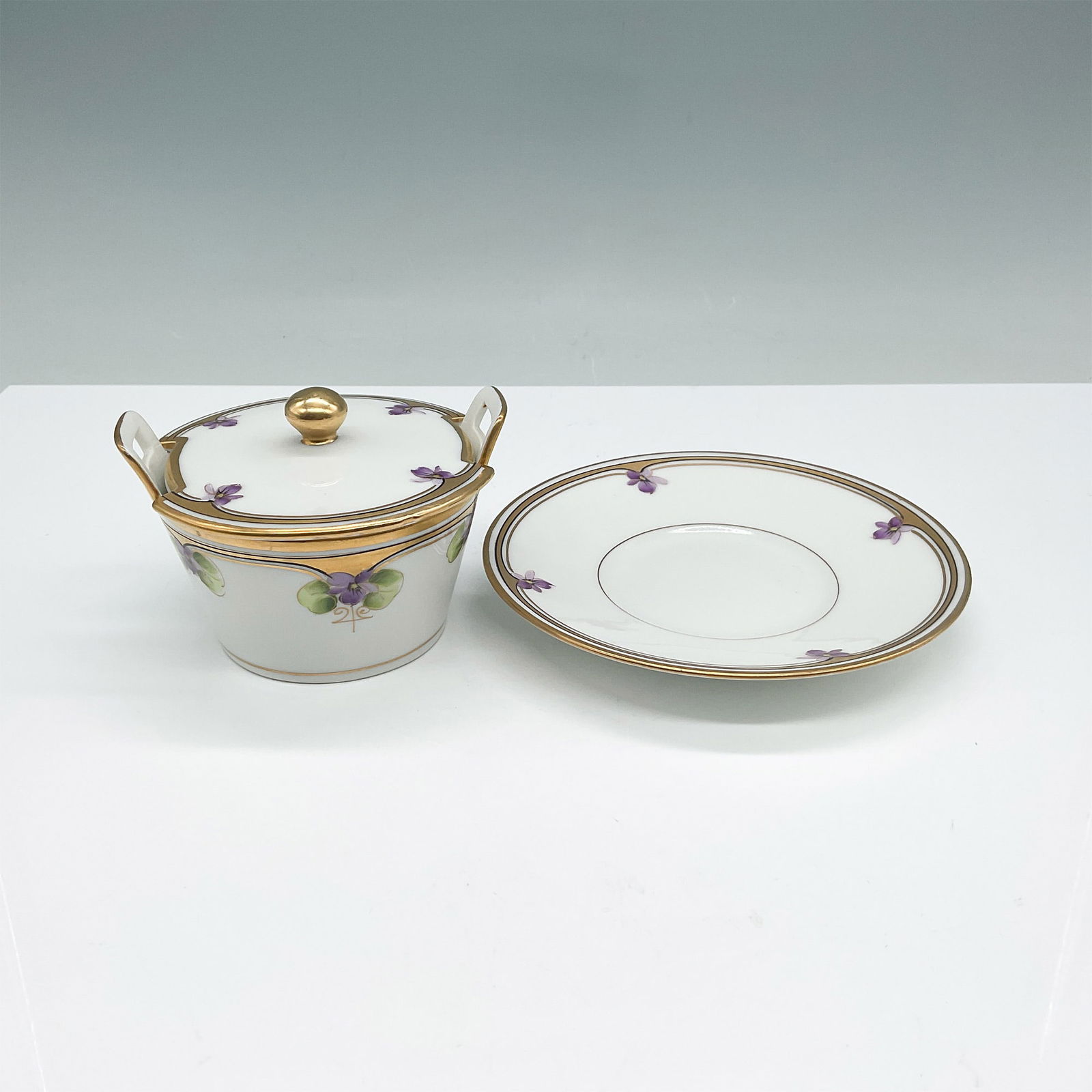 2pc Pickard Sugar Bowl & Underplate with Violet Motif (1 of 3)