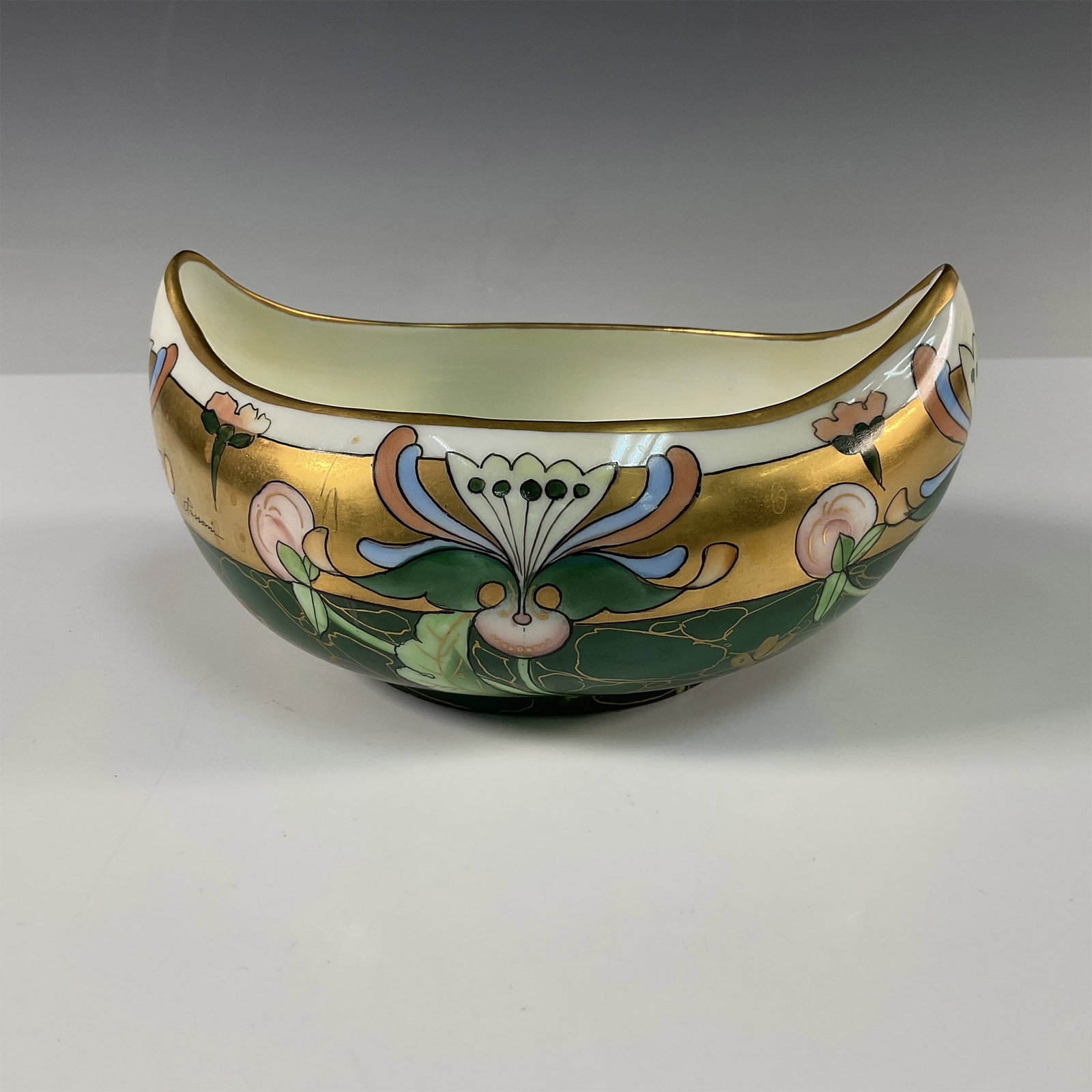 Pickard Bone China Bon Bon Boat, Honeysuckle Design: A stunning Pickard hand painted bonbon bowl designed by celebrated artist Arthur Passoni. This beautifully crafted piece features a vibrant Art Nouveau design with bold floral motifs in rich greens, p