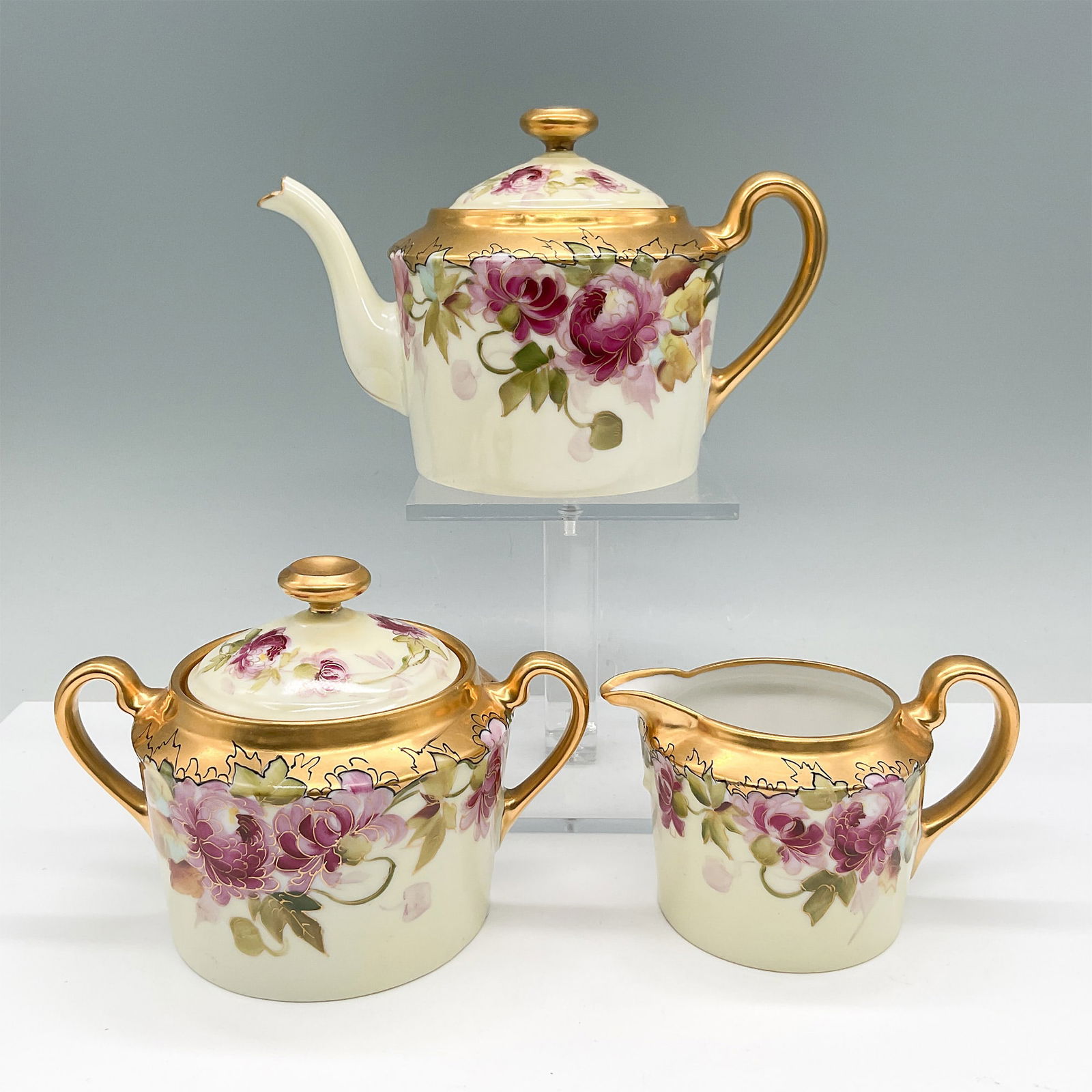 3pc Pickard Porcelain Tea Set, Rean Pink Mums (1 of 3)