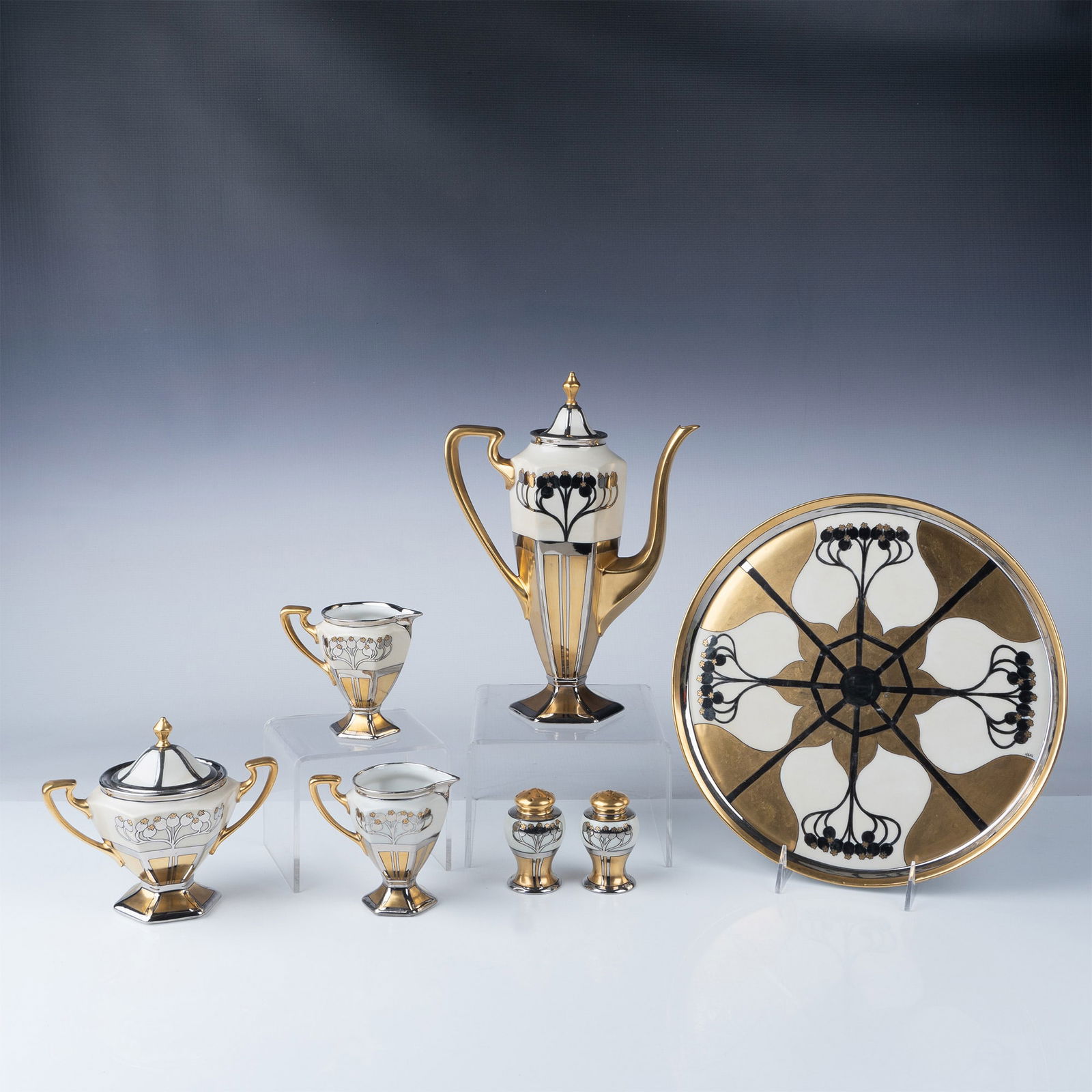 7pc Pickard China Tea Set, Aura Argenta Linear, Signed (1 of 10)