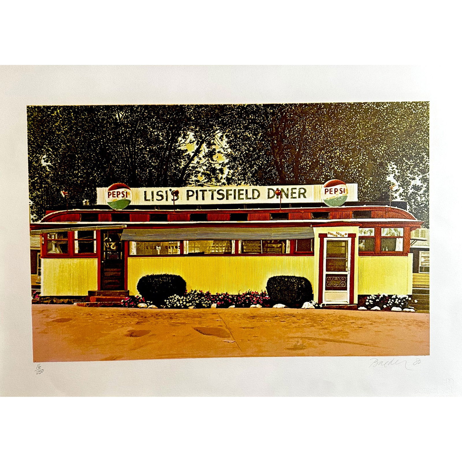 John Baeder (1938) Signed Screenprint, Lisi's Diner: Screenprint titled Lisi's Pittsfield Diner Year 1980 Signed lower right numbered 16/250. Sight size 30" x 22"