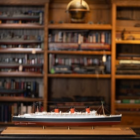 Wooden Model of RMS Queen Mary, Encased Display, 1:350 Scale