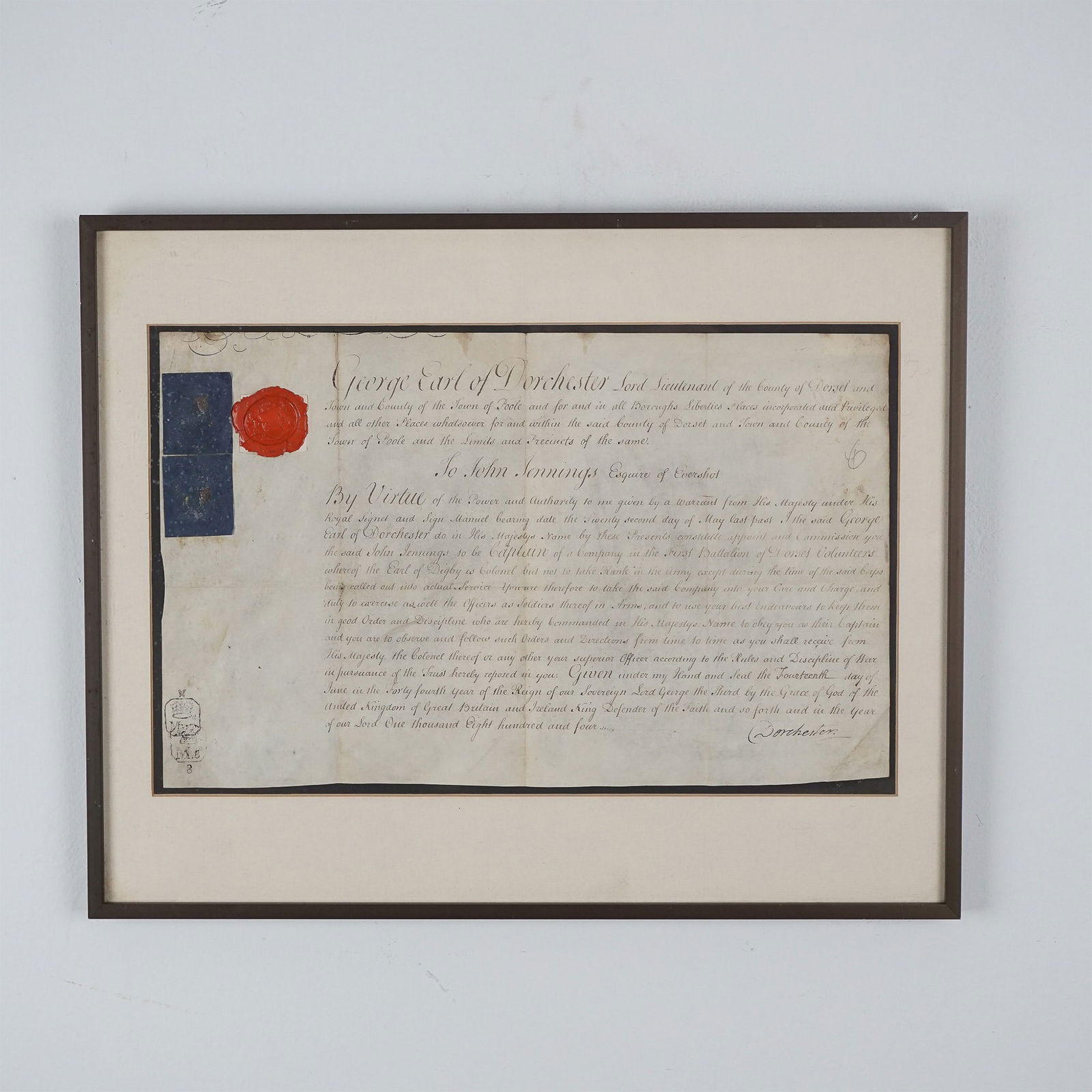 Framed Historical Document, Signed George Earl of Dorchester (1 of 6)