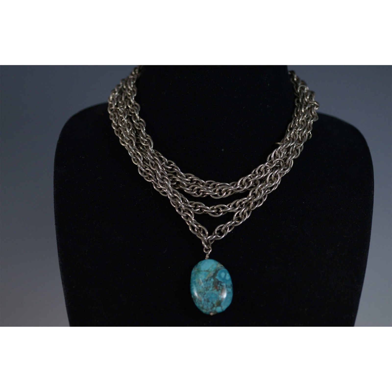 Multi-Strand Silver Chain Necklace with Turquoise Pendant (1 of 4)