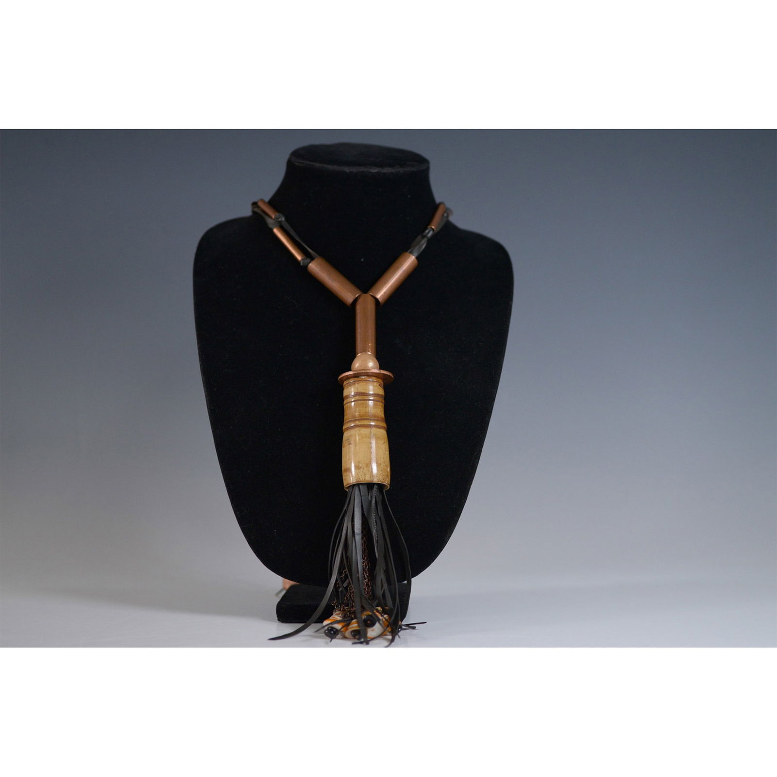 Statement Necklace with Copper, Wood Beads & Leather Ribbons (1 of 3)