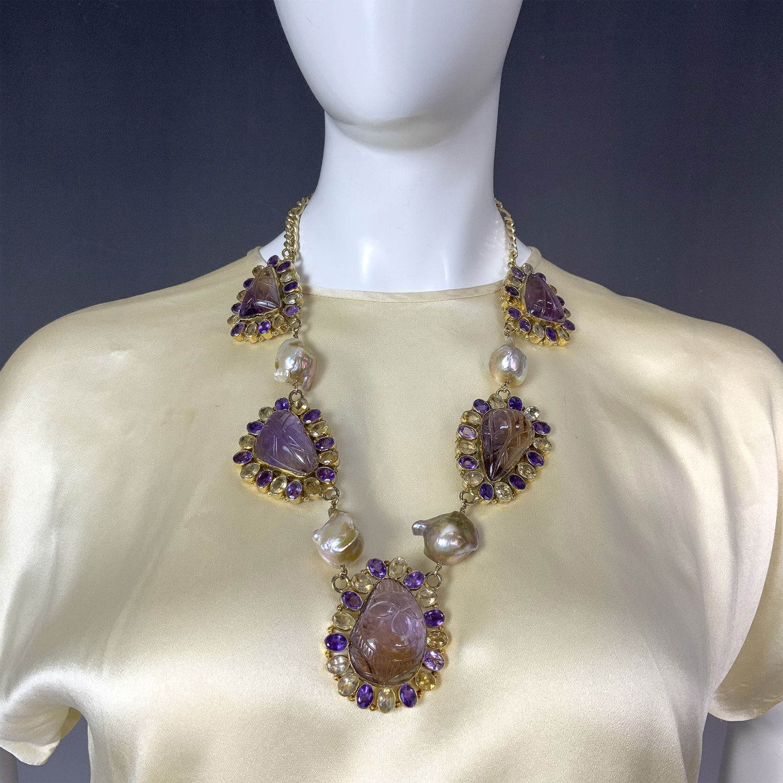One-Of-A-Kind Carved Amethysts & Baroque Pearls Necklace (1 of 6)