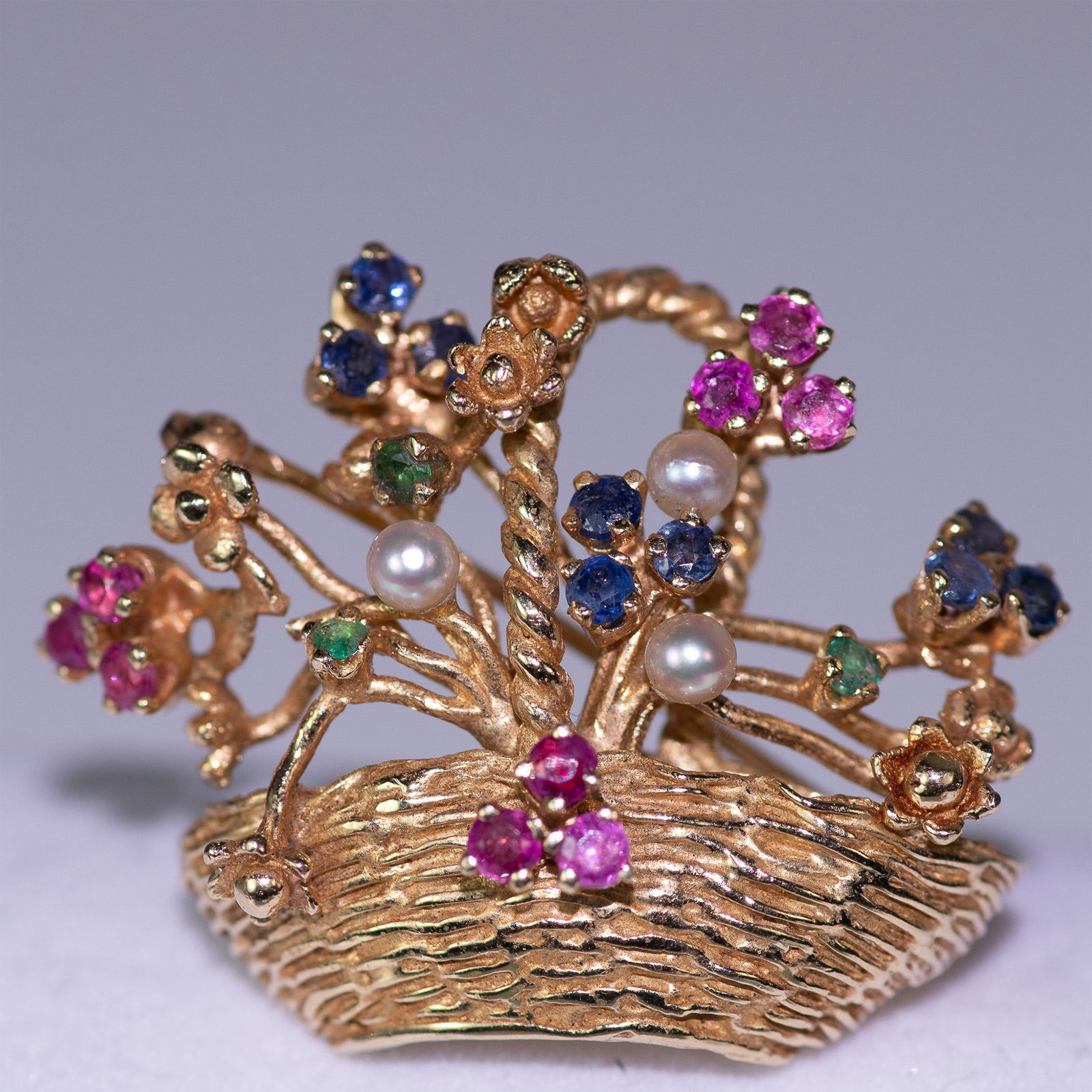 Colorful 14K Yellow Gold, Pearl, Ruby and Sapphire Brooch (1 of 4)