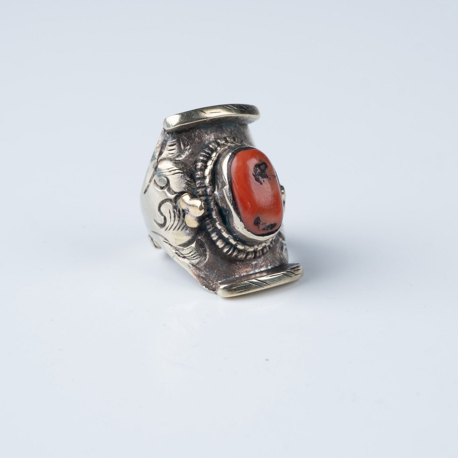 Silver-Tone Ring with Coral-Colored Stone and Ornate Design (1 of 4)